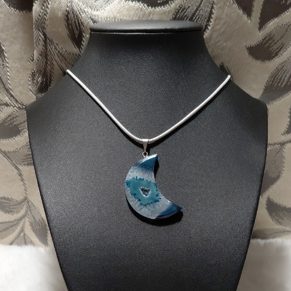 Blue Agate Crescent Pendant Necklace